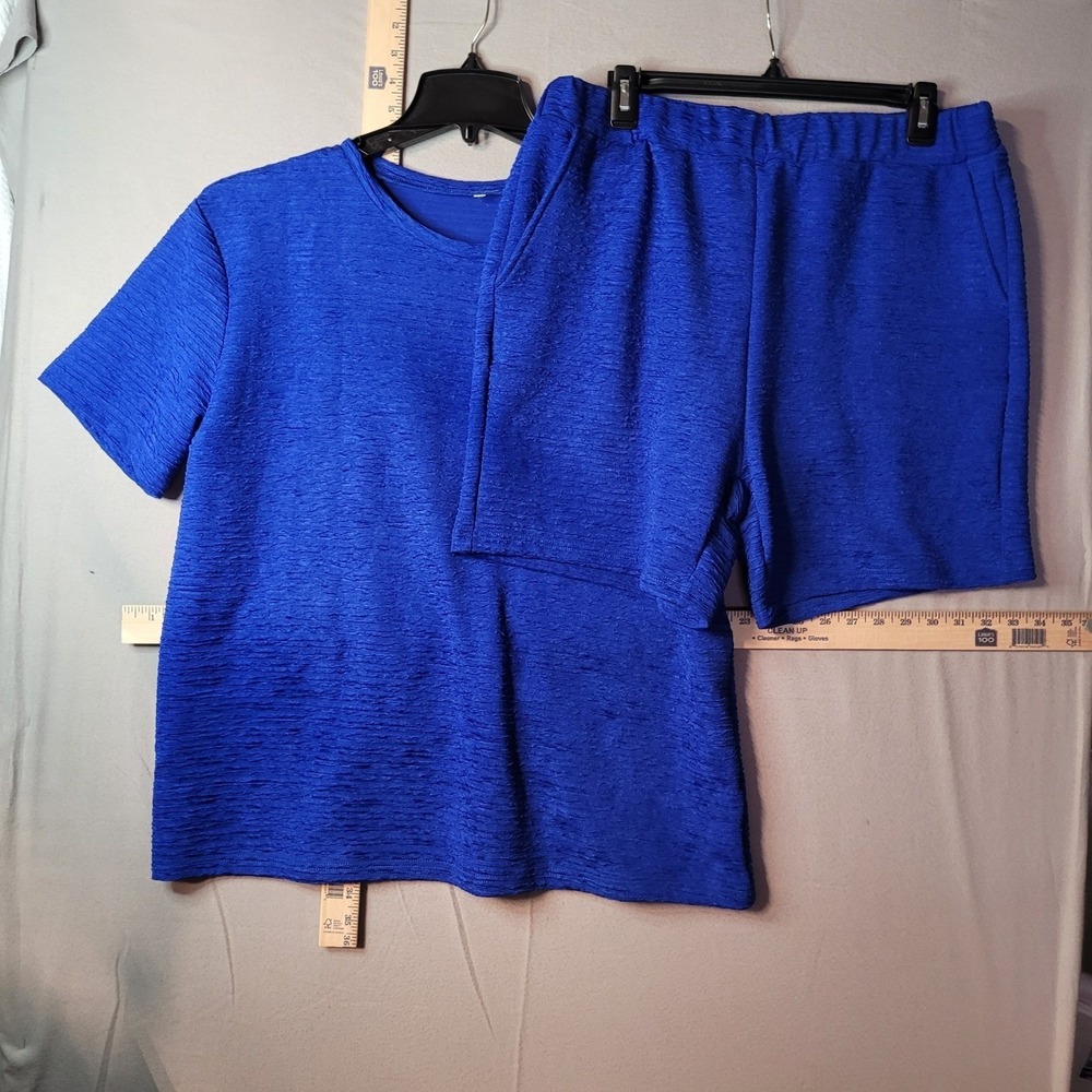Royal Blue Textured 2 Piece‎ Set Short Sleeve Shirt and Shorts Loungewear 2XL